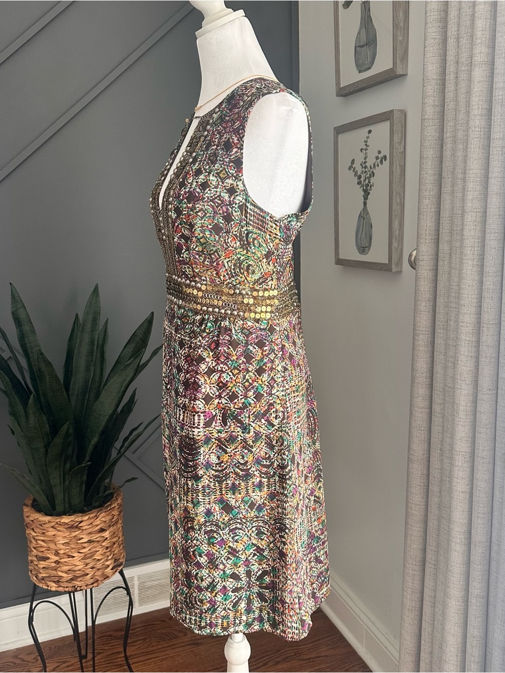 Nanette Lepore Vintage Embellished Multicolor Sleeveless Cocktail Dress - Picture 4 of 6